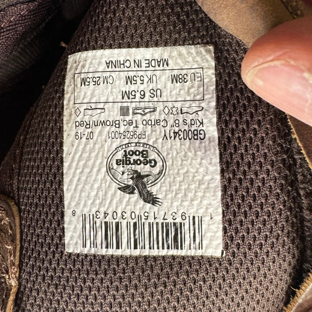Georgia Boot Carbo Tec Western Work Boot Kids 6.5M Brown Red Pull On Square‎ Toe